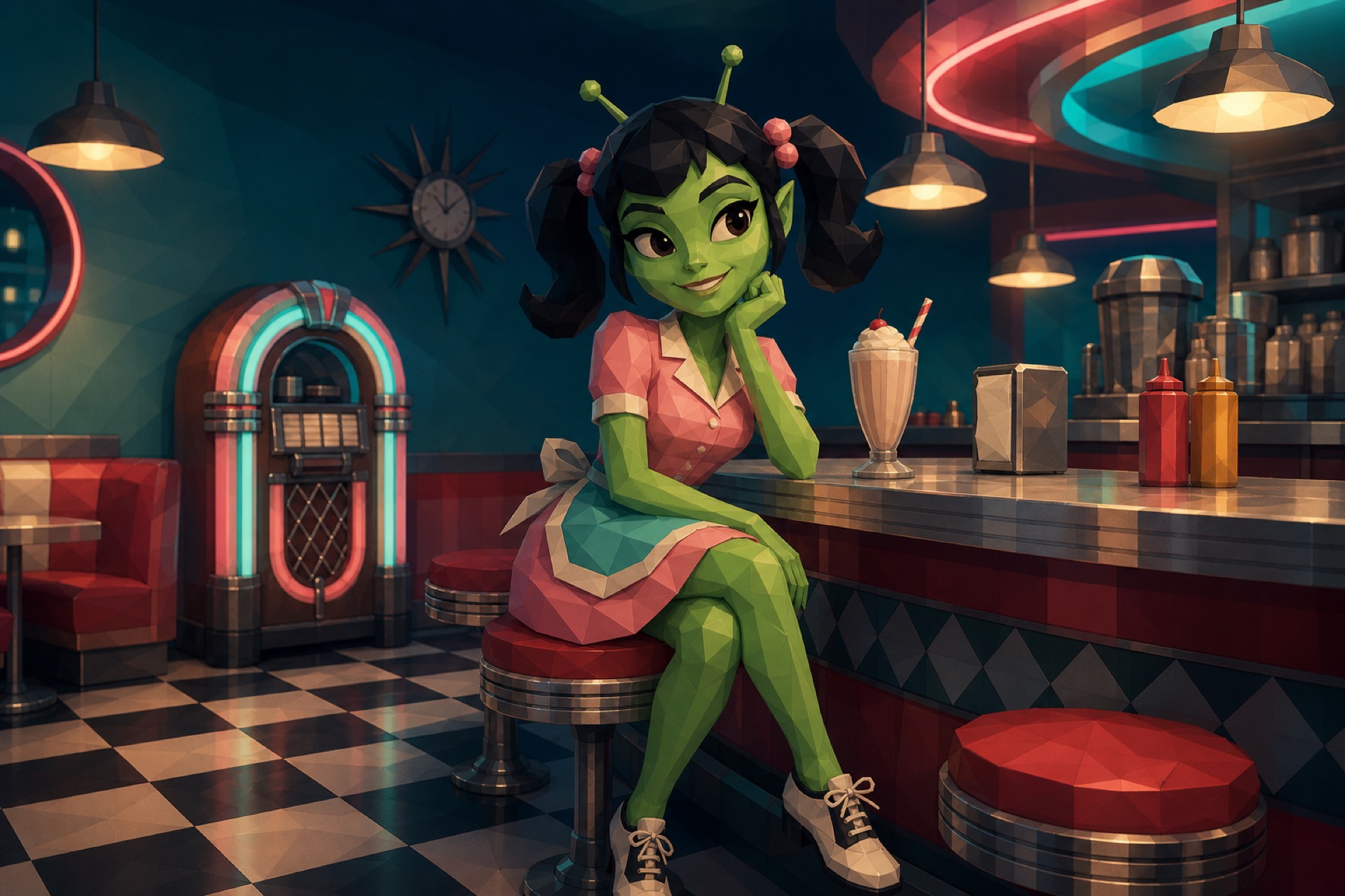 Original low-poly alien woman diner artwork